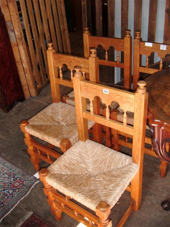 Set 4 carved pine rush seat chairs